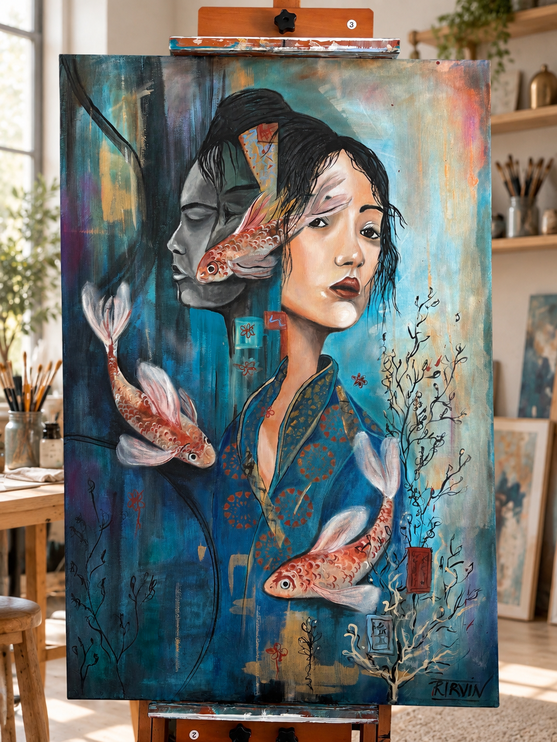 Heart Broken by Rita Irvin: woman with a split face and koi in blue mixed media, on a studio easel