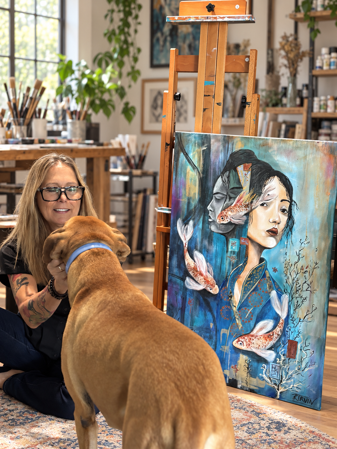 Artist Rita Irvin with her dog beside Heart Broken, the original painting behind this print