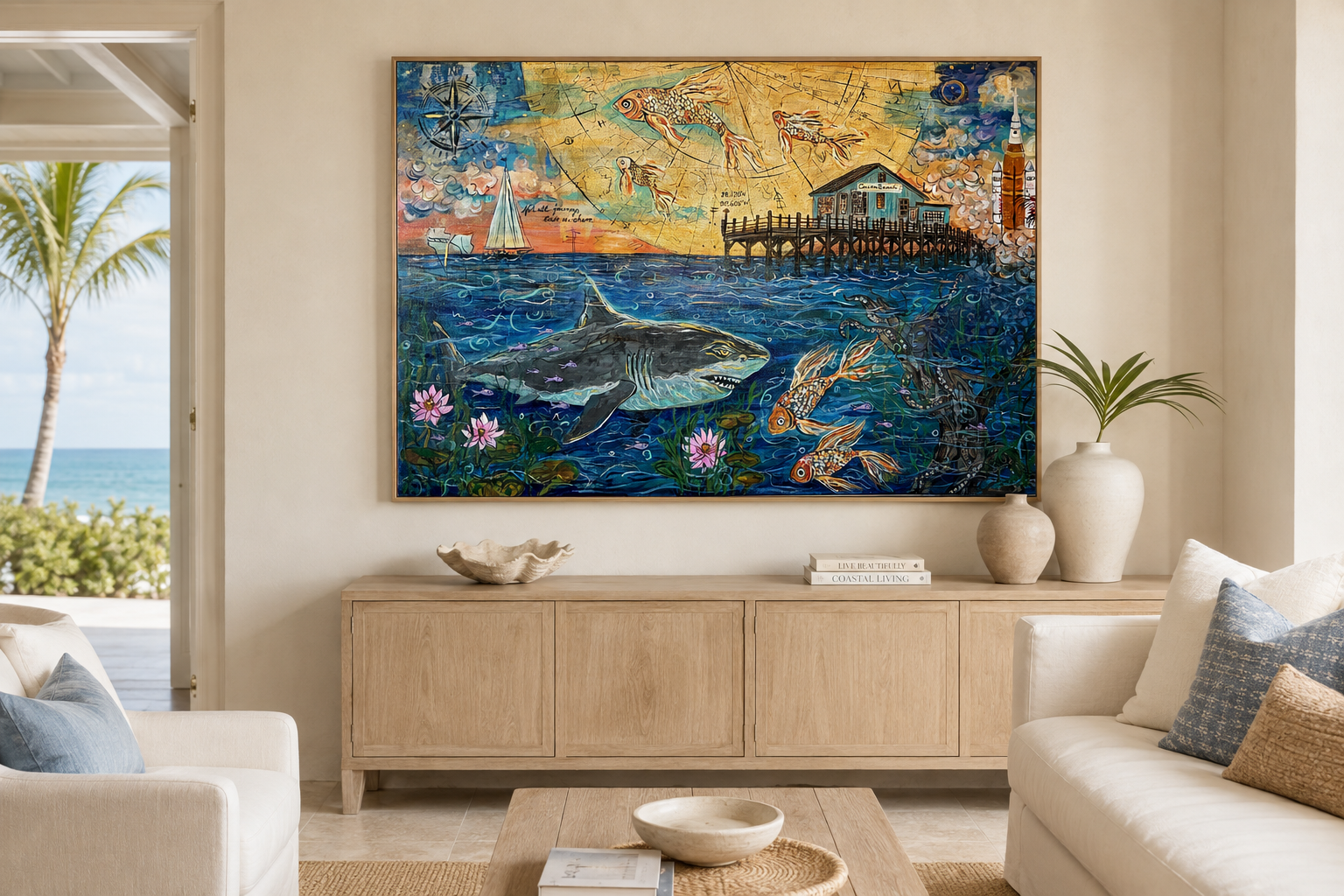 Not all Journeys seek the Shore original painting displayed above a light wood console in a bright contemporary living room