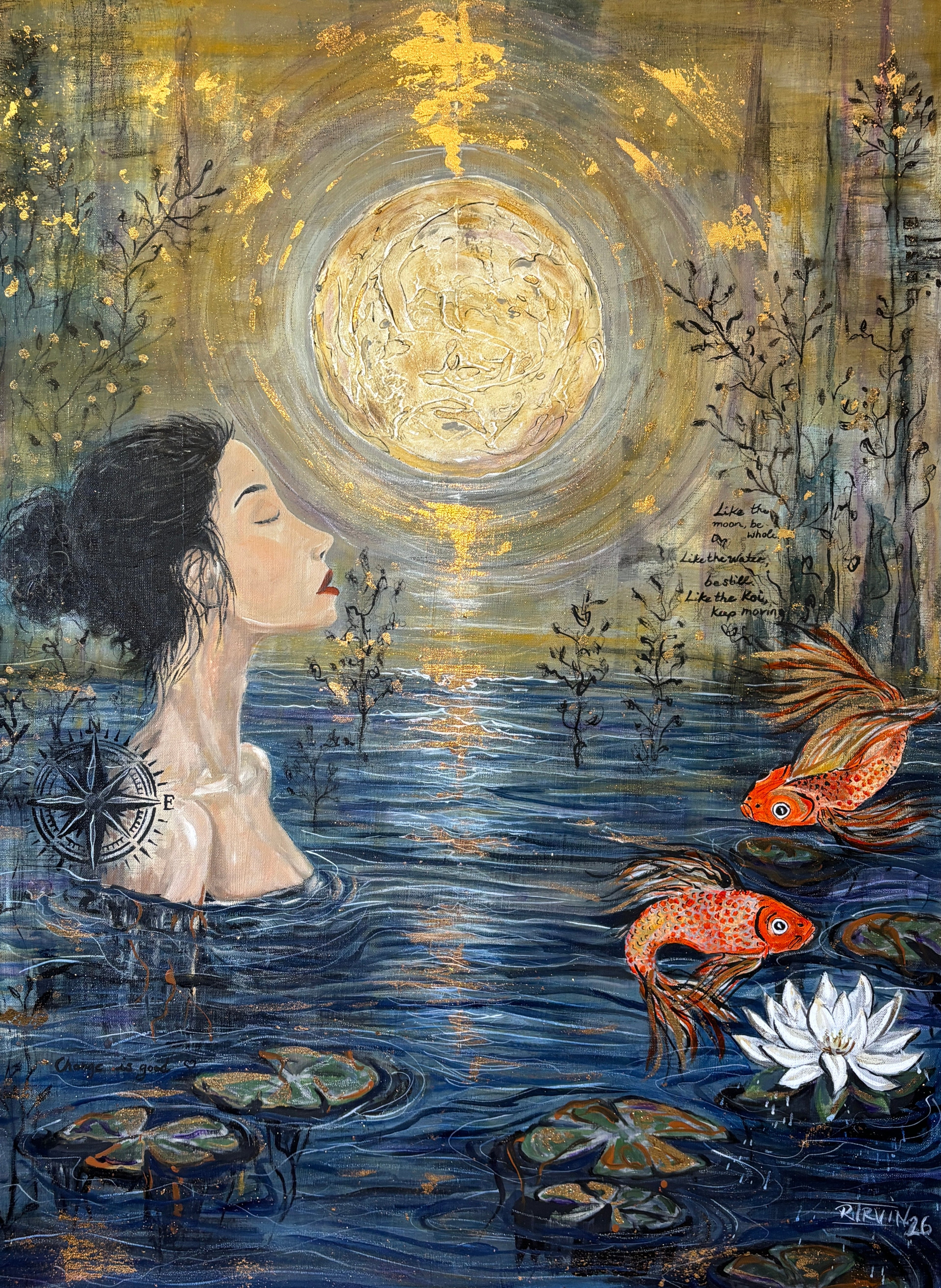 Gold Moon Rising - Original 40 x 40 koi painting by Rita Irvin