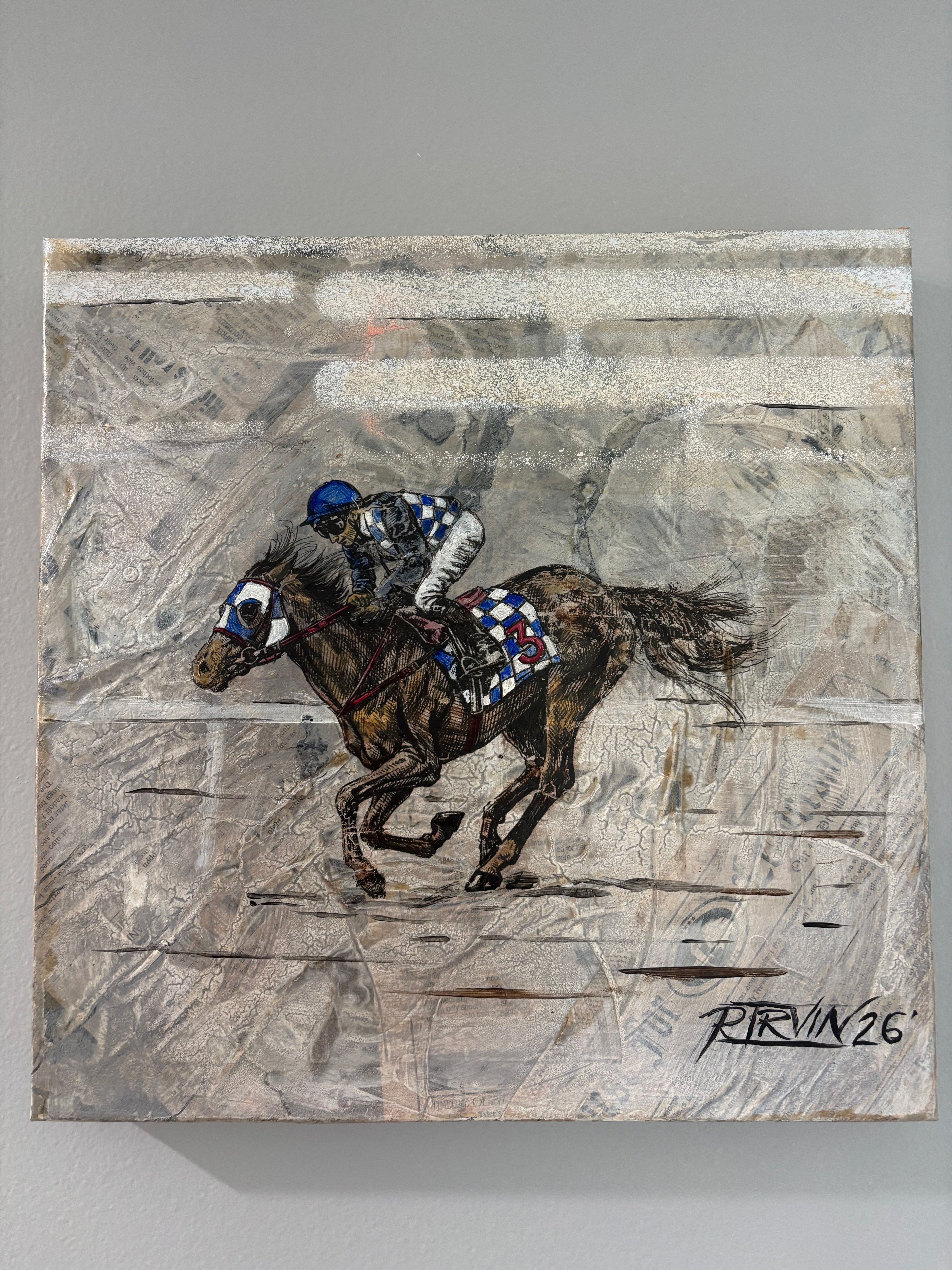 Day at the Races — original mixed media painting of a racehorse and jockey by Rita Irvin