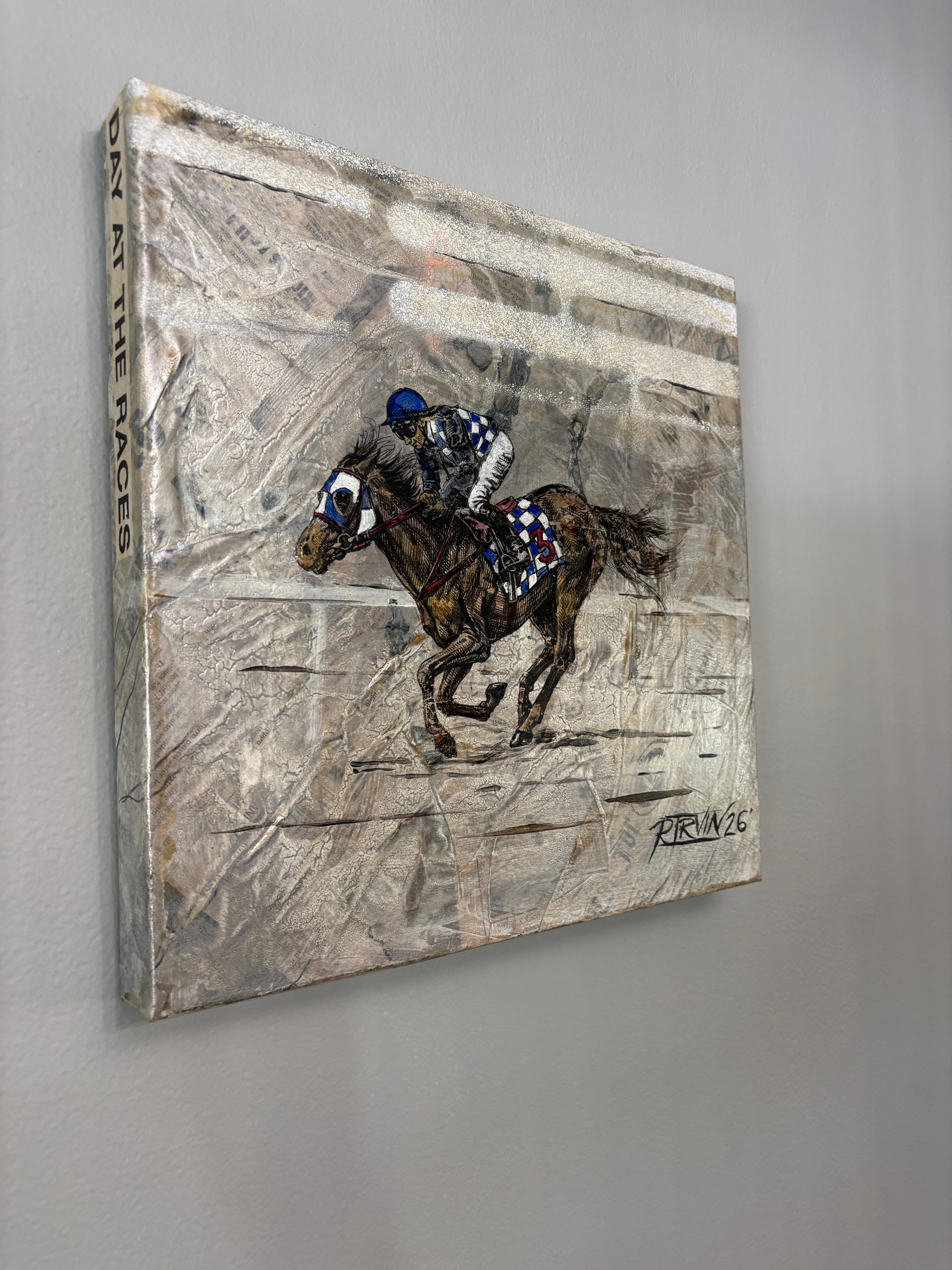 Detail view of Day at the Races, mixed media painting by Rita Irvin