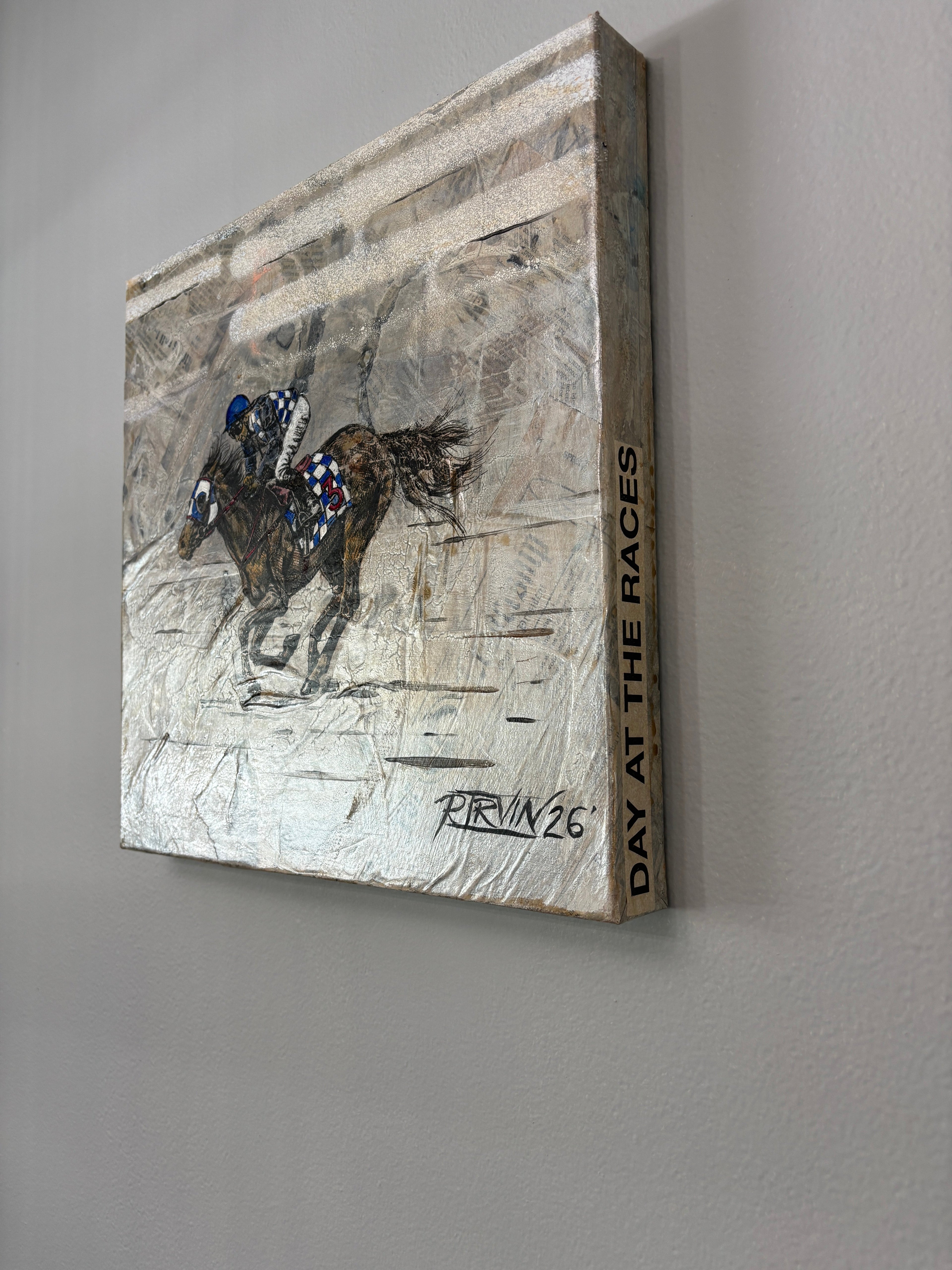 Close-up detail of Day at the Races, mixed media painting by Rita Irvin