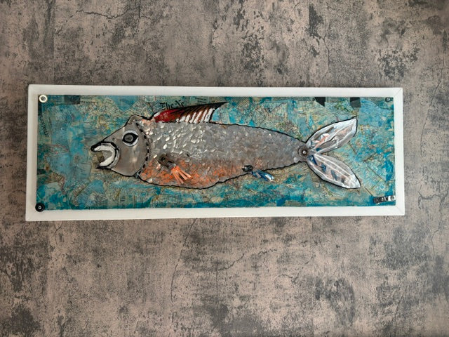 Detail of hand-cut aluminum scales on The Navigator, mixed media wood panel by Rita Irvin