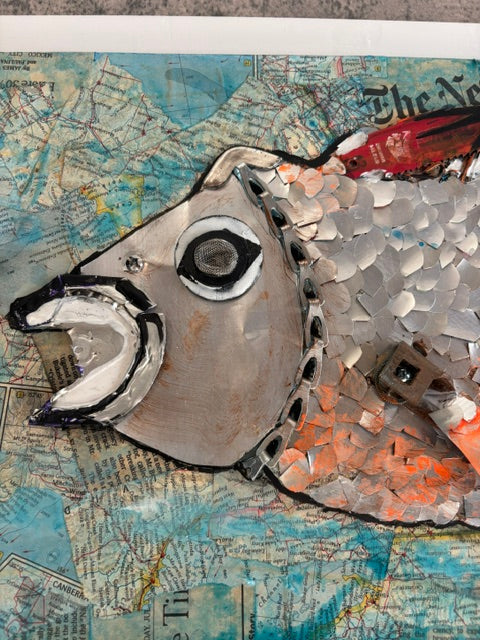 Close-up detail of The Navigator, mixed media wood panel by Rita Irvin