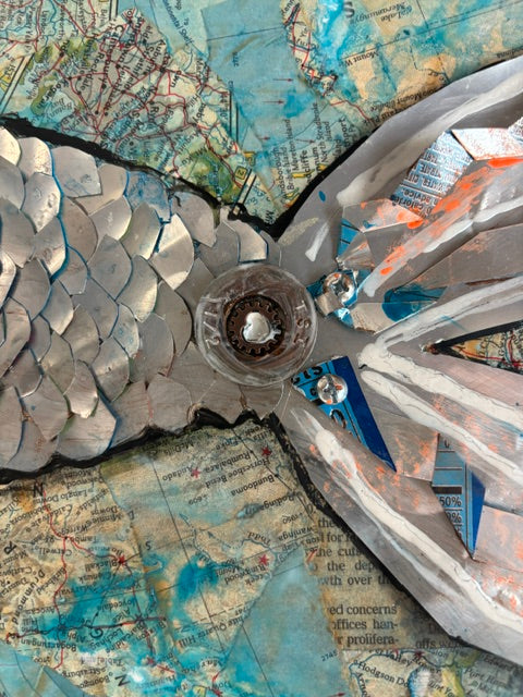 Eye detail of The Navigator, mixed media wood panel by Rita Irvin