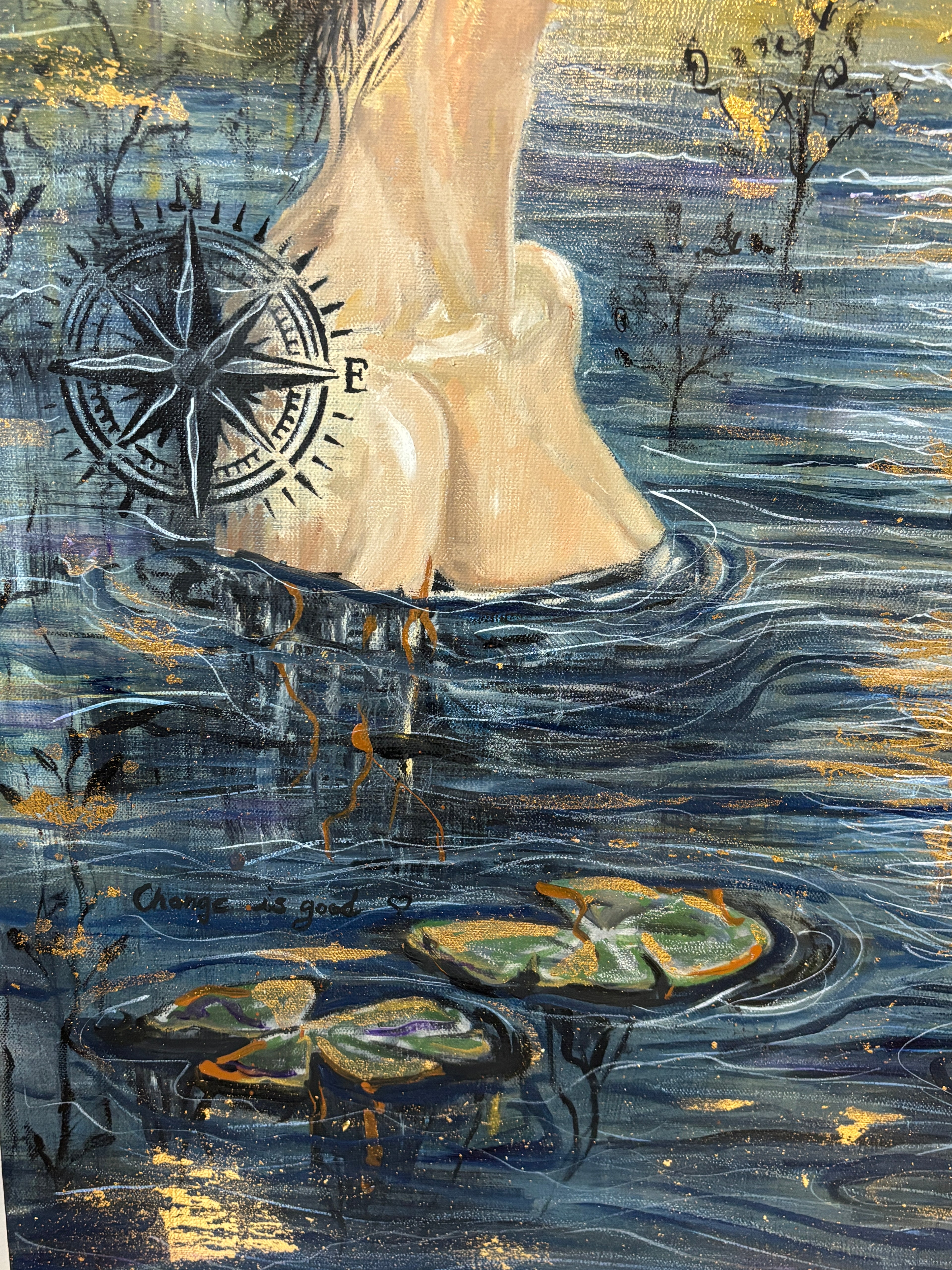 Women rising through reflective water in Gold Moon Rising