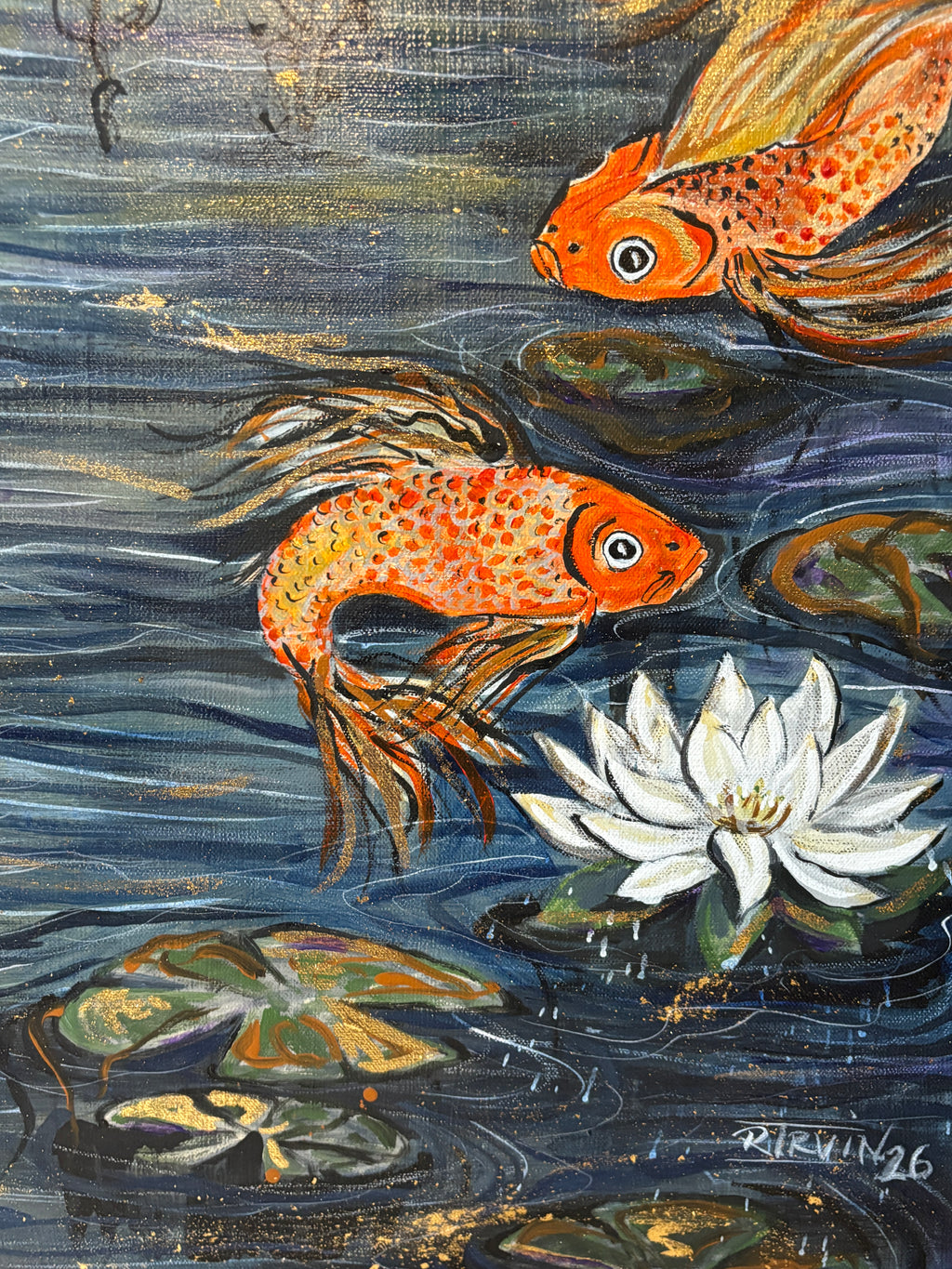 Koi and white lotus flower detail in Gold Moon Rising