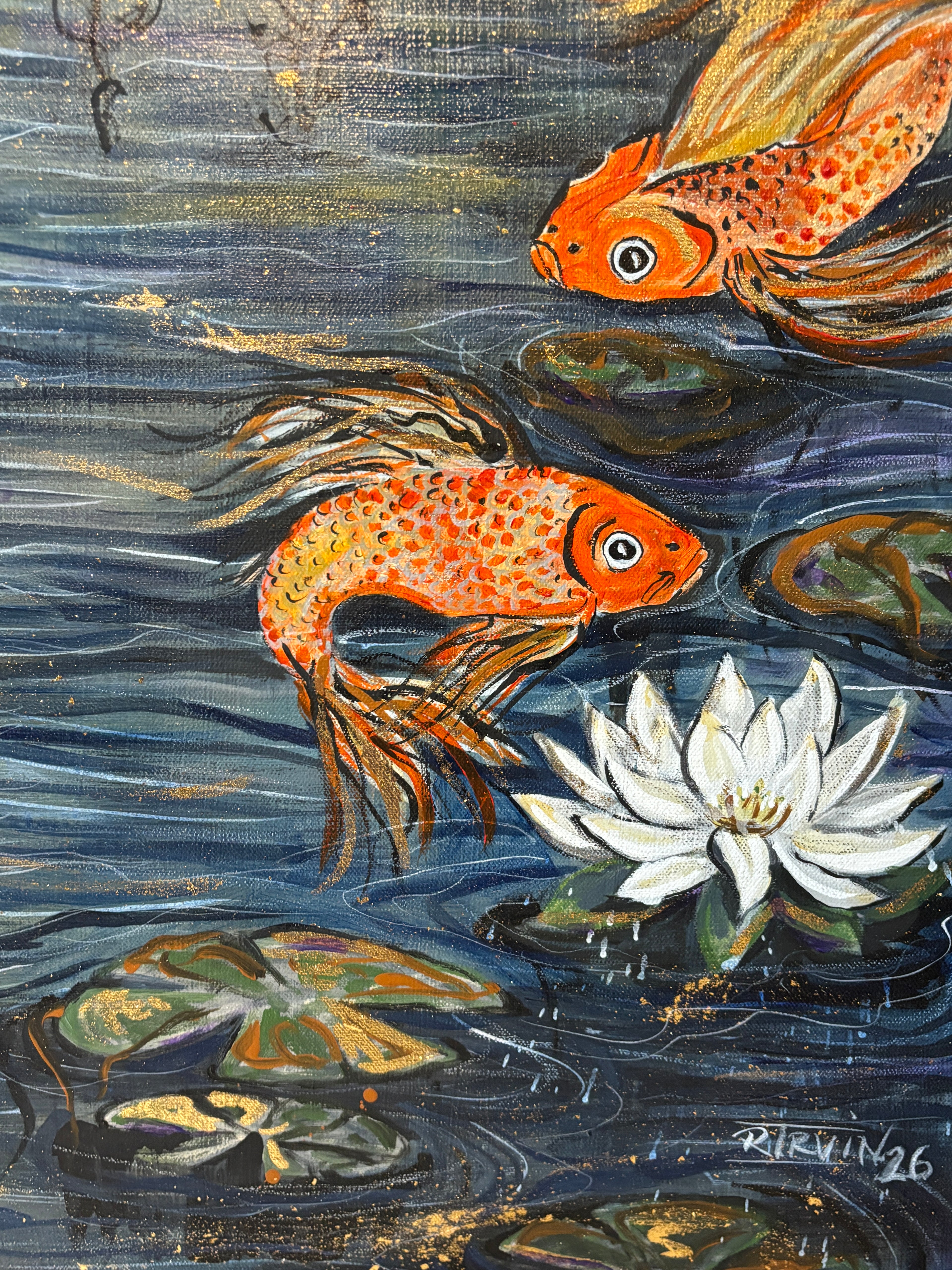 Koi and white lotus flower detail in Gold Moon Rising