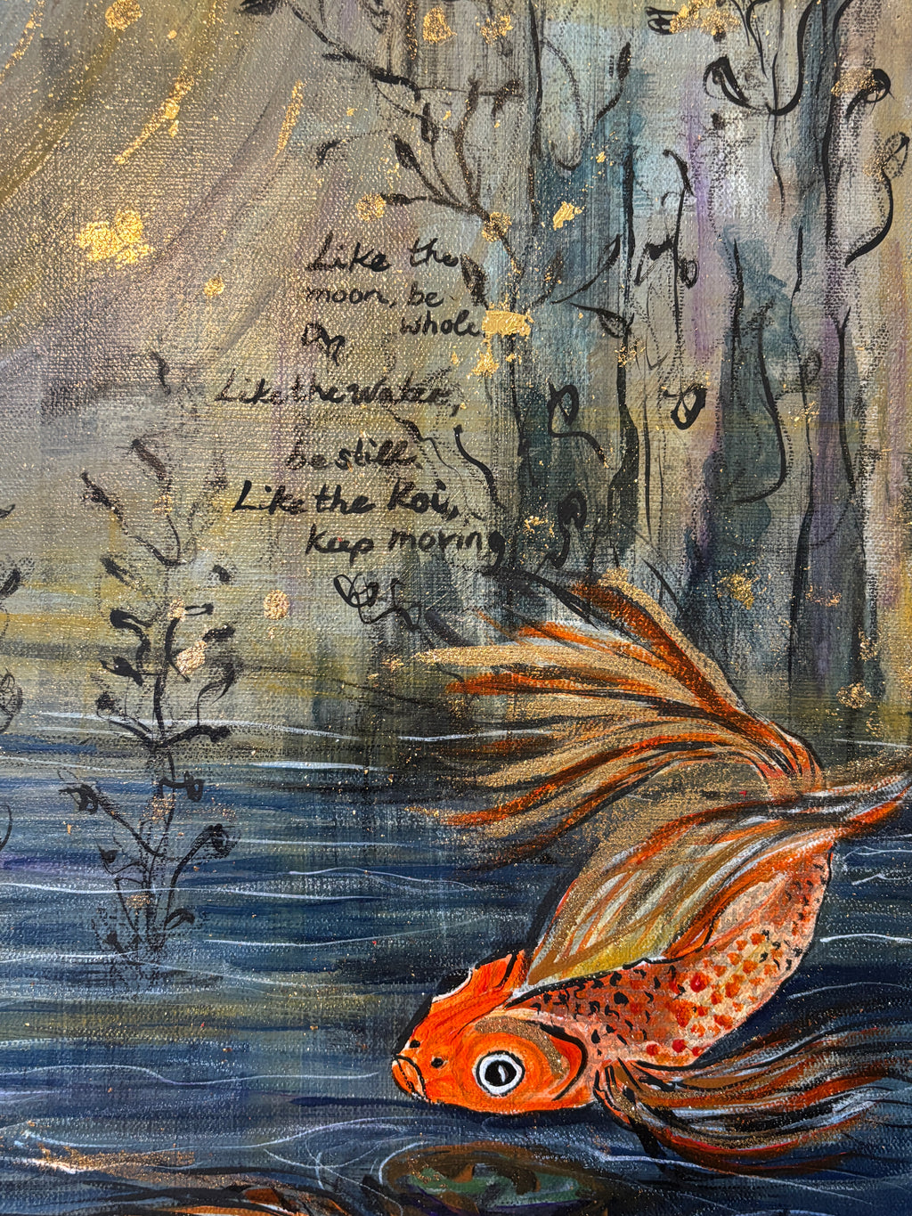 Hand lettered words and gold leaf accents in Gold Moon Rising