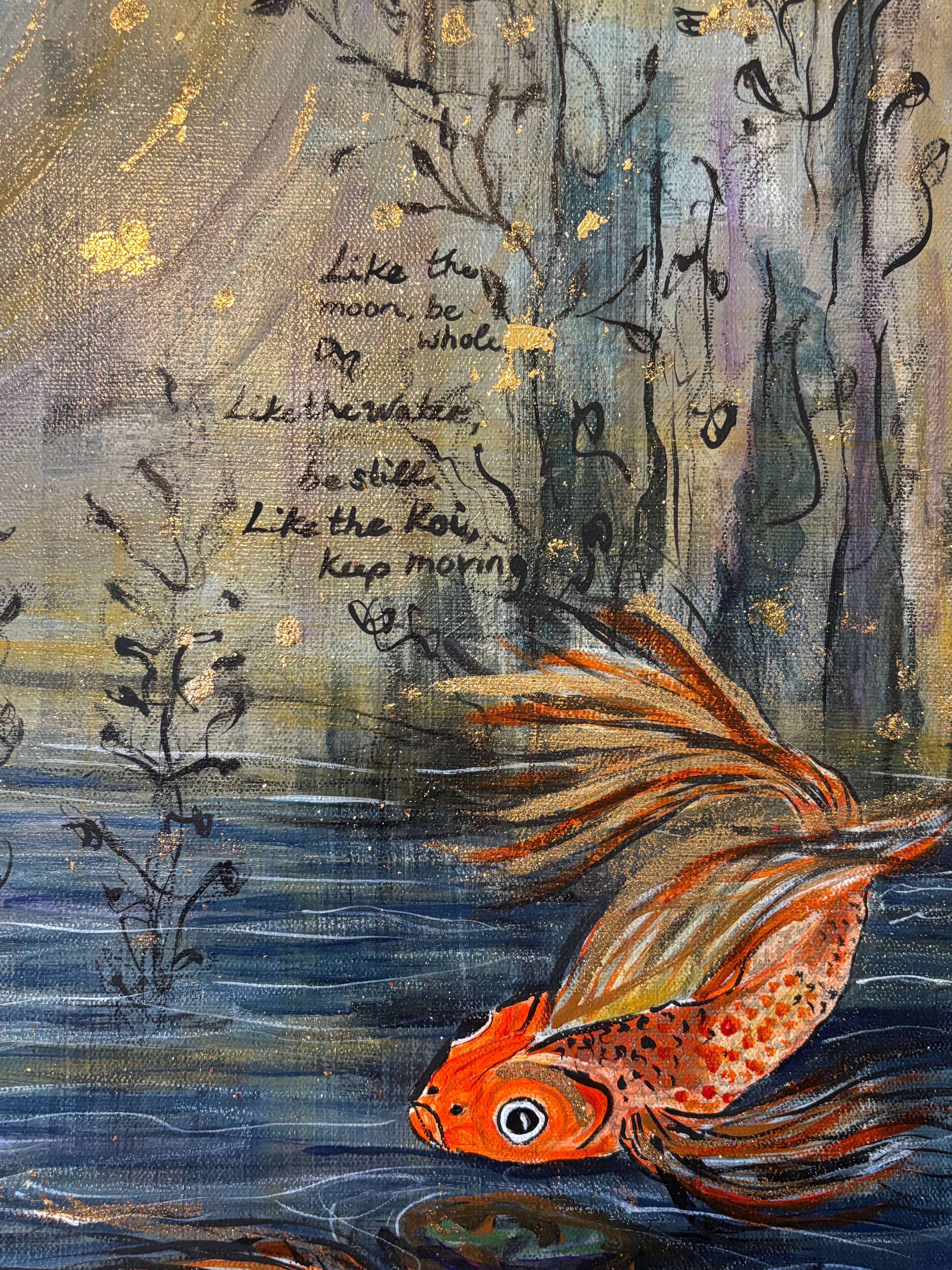 Hand lettered words and gold leaf accents in Gold Moon Rising