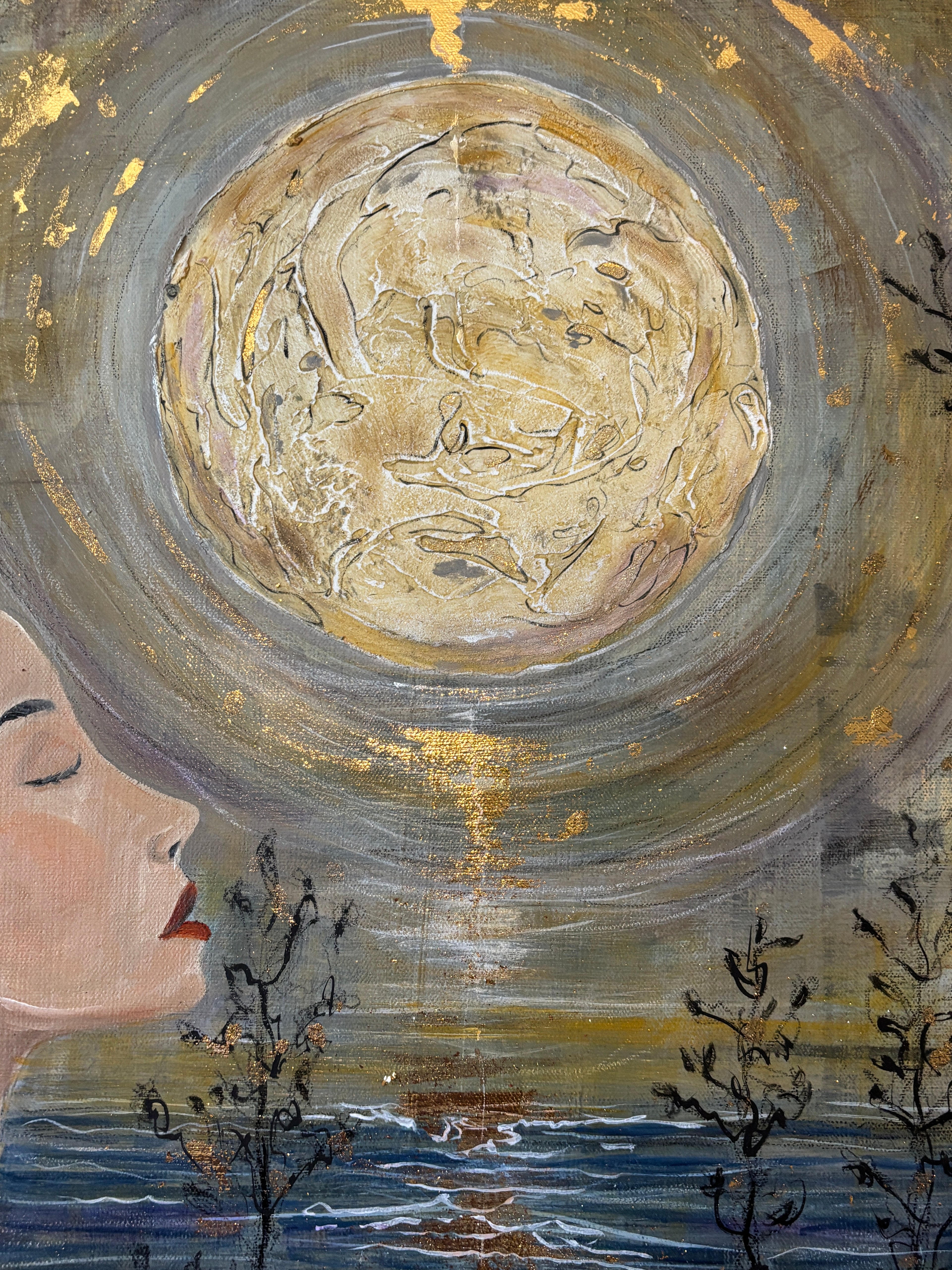Gold leaf moon close-up from Gold Moon Rising by Rita Irvin