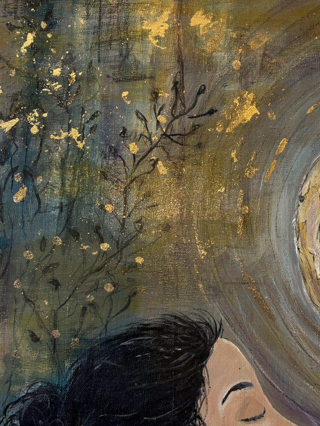 Layered Gold Leaf and textured background detail in Gold Moon Rising