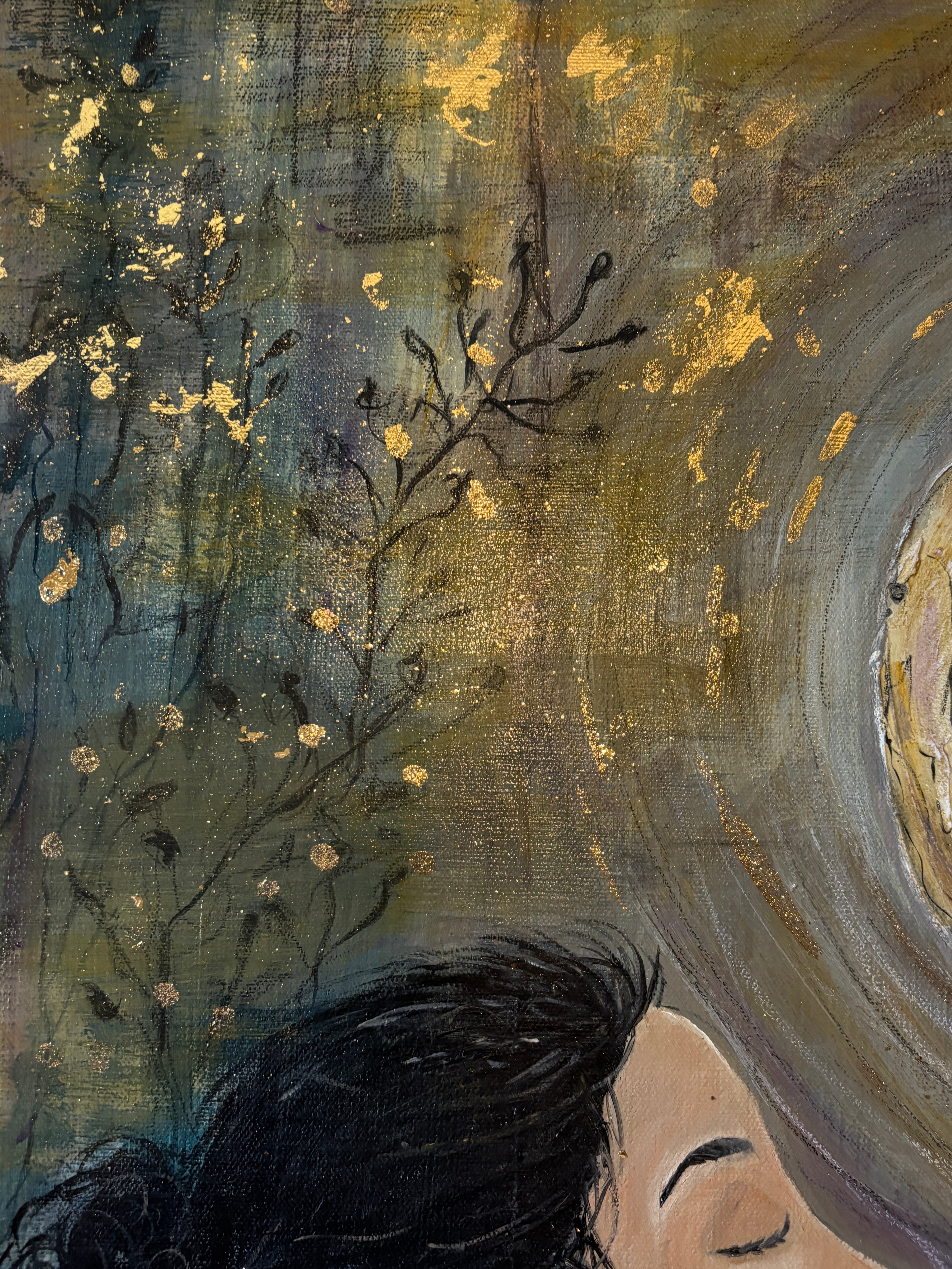 Layered Gold Leaf and textured background detail in Gold Moon Rising