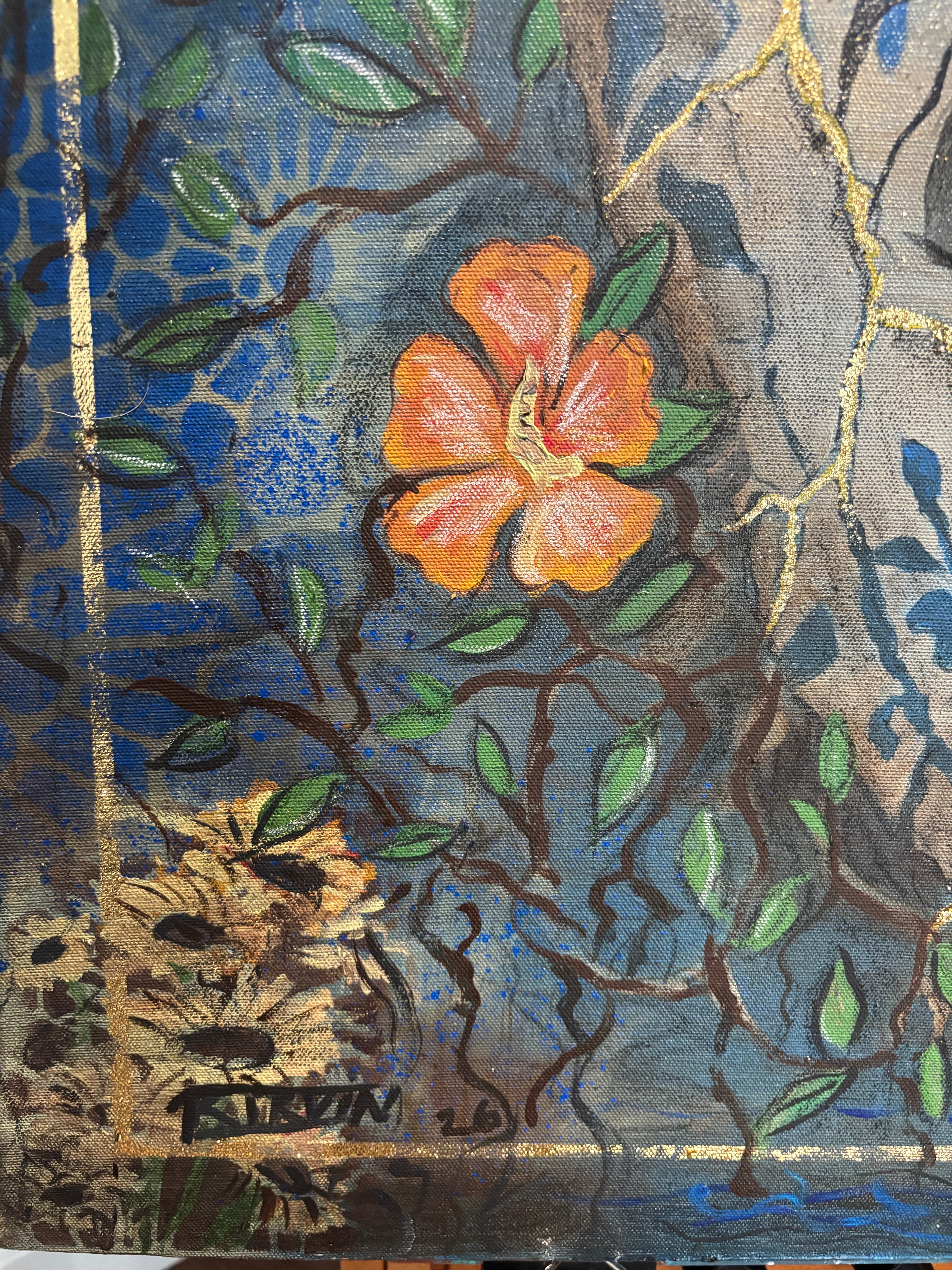Face detail of Silent Storms, mixed media painting by Rita Irvin