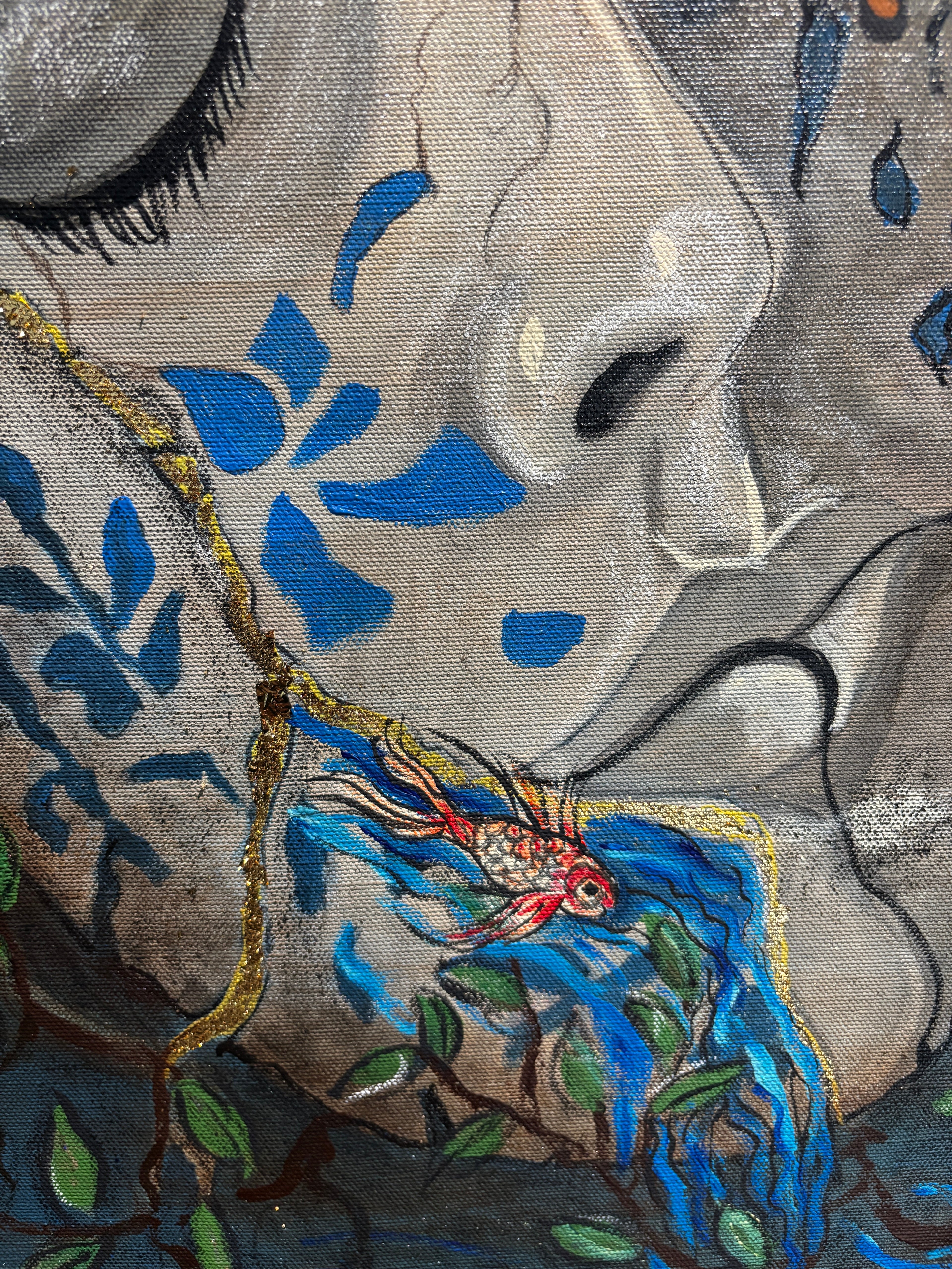 Koi detail of Silent Storms, mixed media painting by Rita Irvin