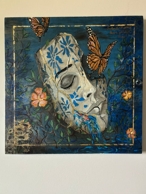 Silent Storms — original mixed media painting with butterflies and koi by Rita Irvin