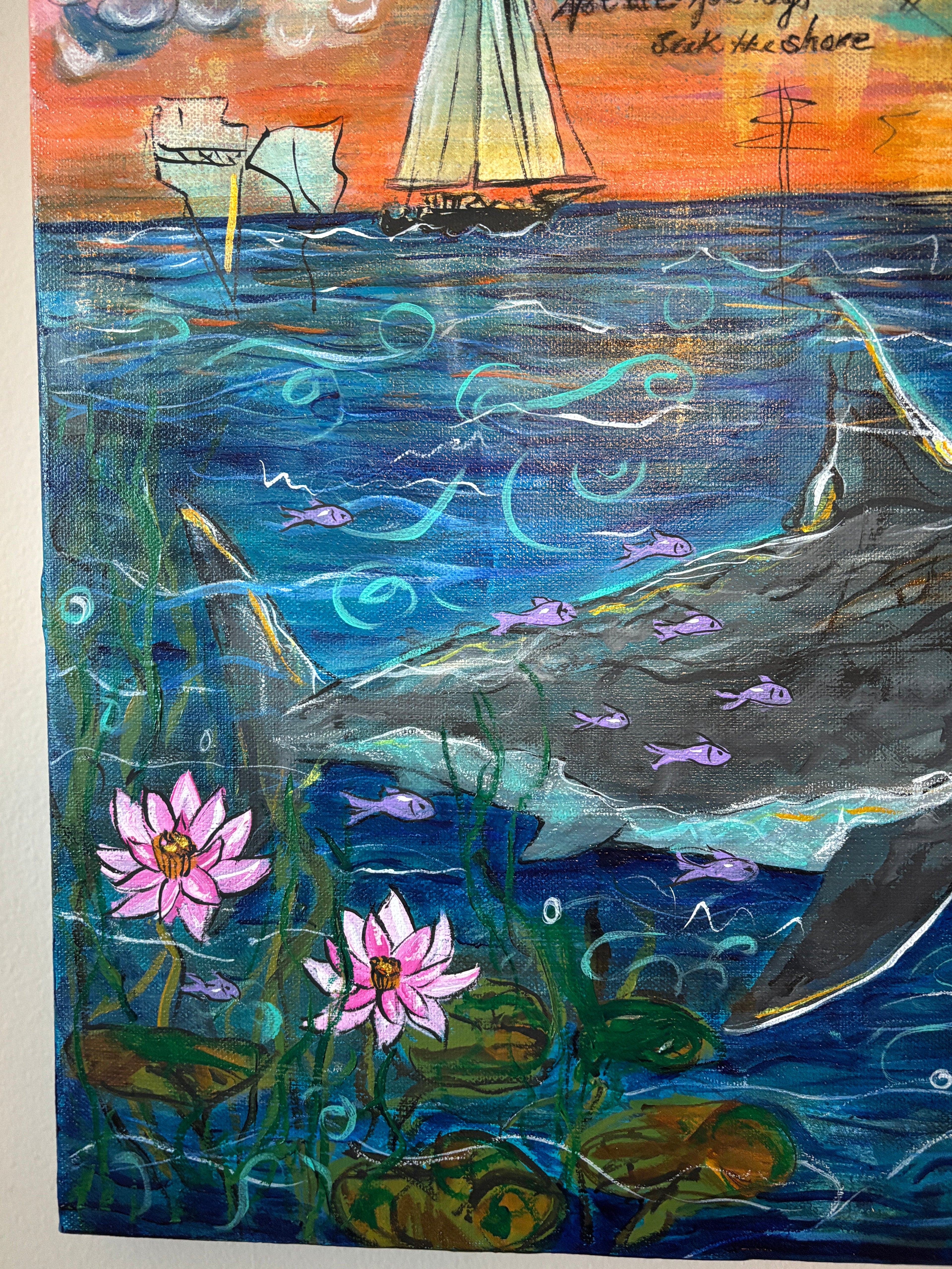 Close up detail of sharks, water Lillies sailboat and handwritten elements in Not all Journeys seek a Shore