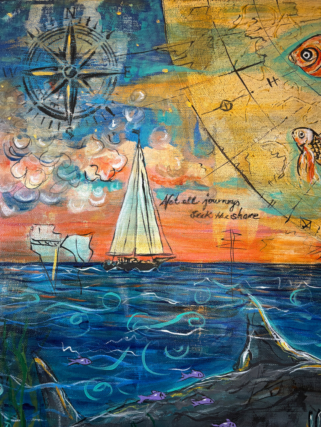 Close up detail of a sailboat, compass rose, shark, and handwritten title in Not all Journeys seek A shore
