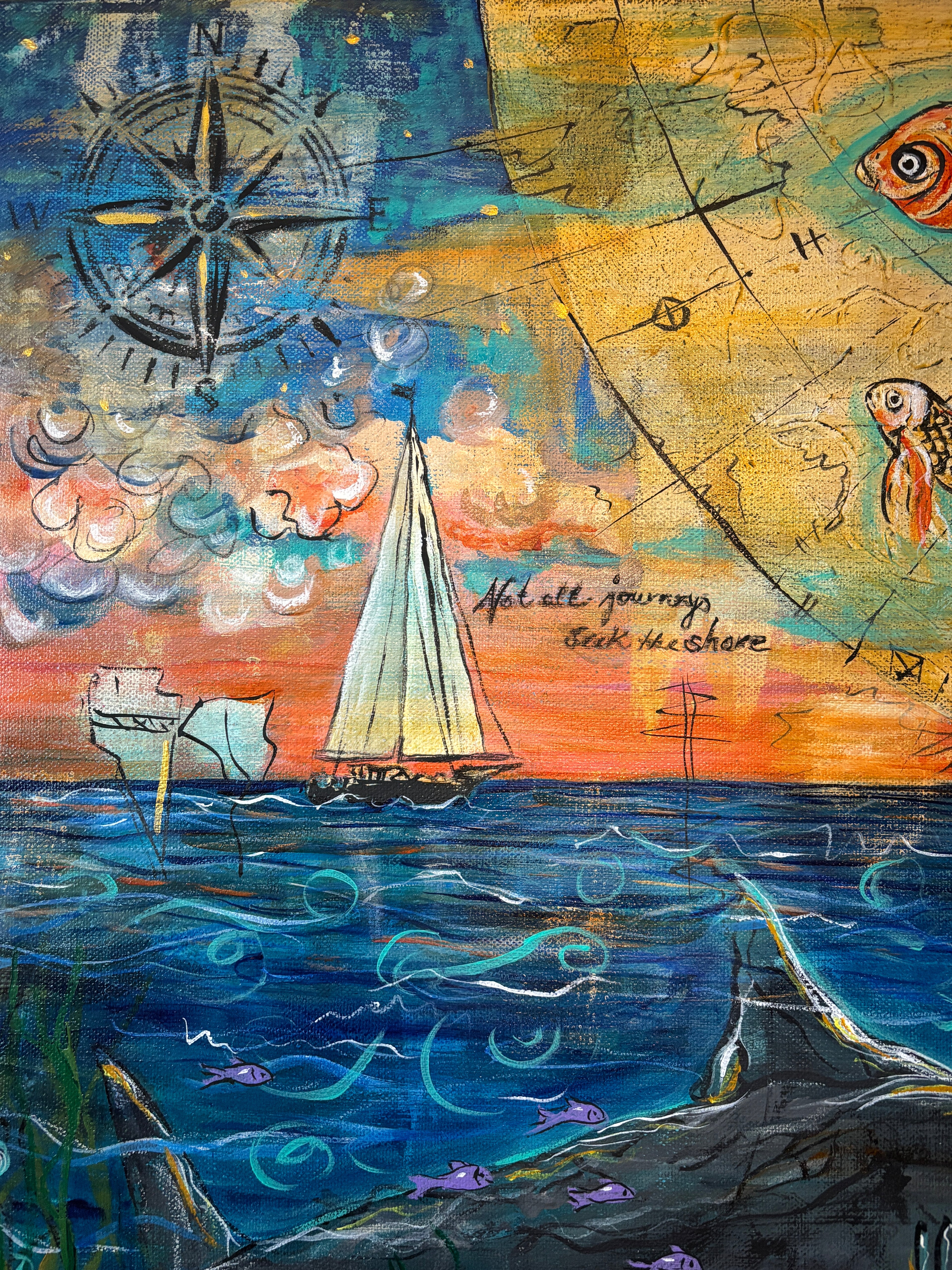 Close up detail of a sailboat, compass rose, shark, and handwritten title in Not all Journeys seek A shore