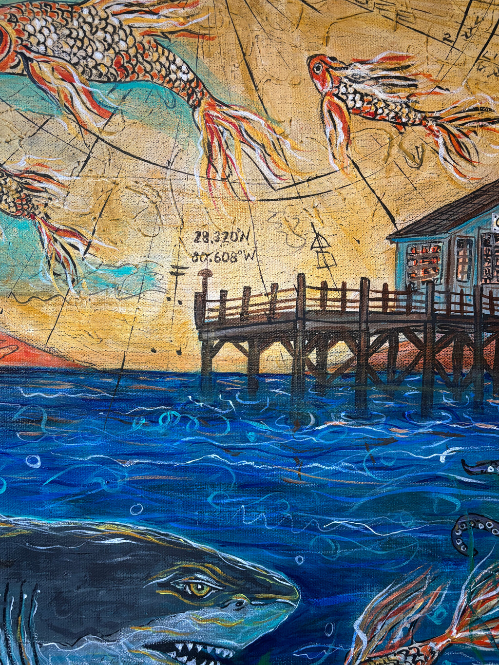 Close-up detail of Cocoa Beach Pier, koi swimming through the sky, and sharks in blue water in Not all Journeys Seek a Shore