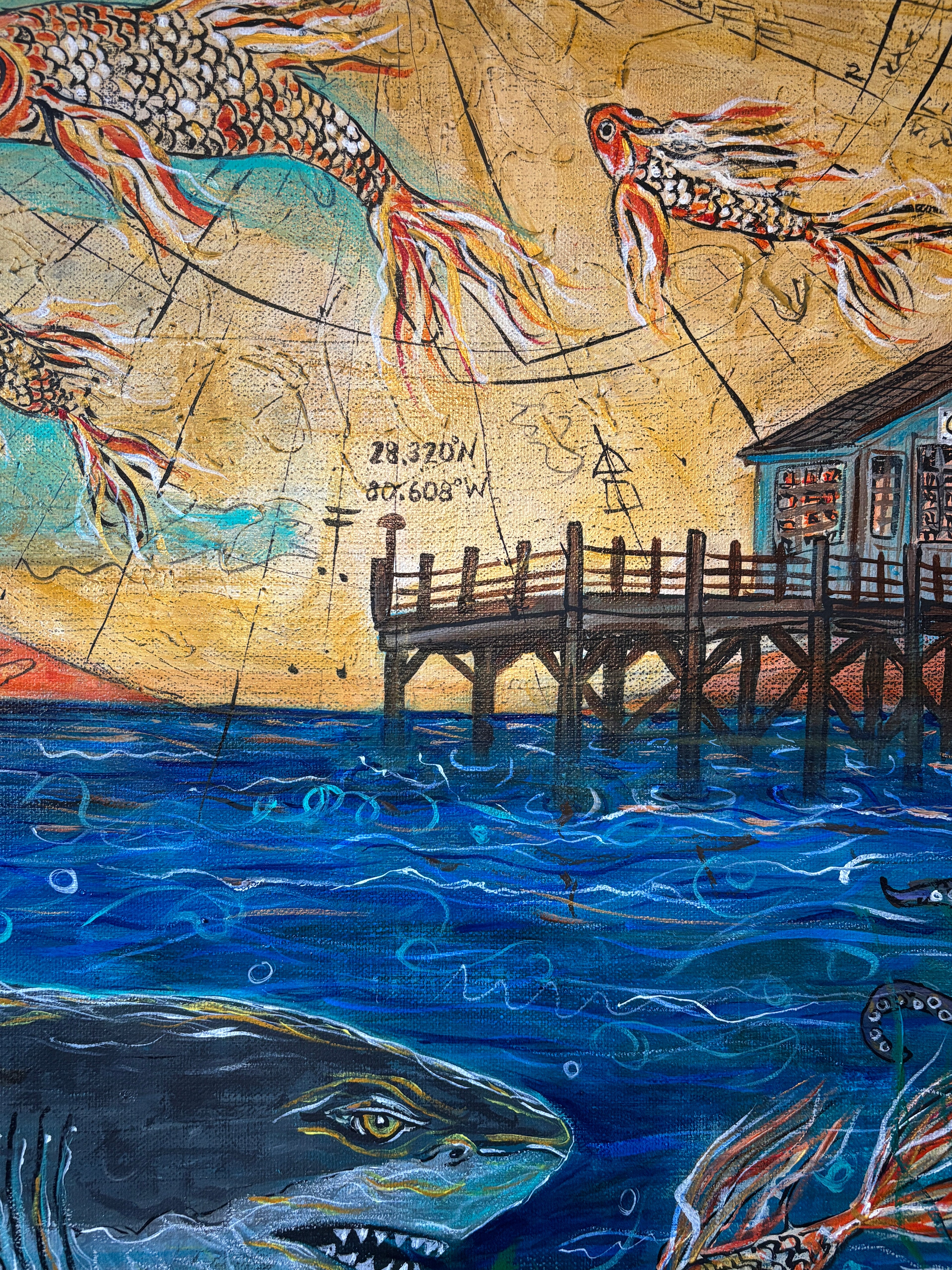 Close-up detail of Cocoa Beach Pier, koi swimming through the sky, and sharks in blue water in Not all Journeys Seek a Shore