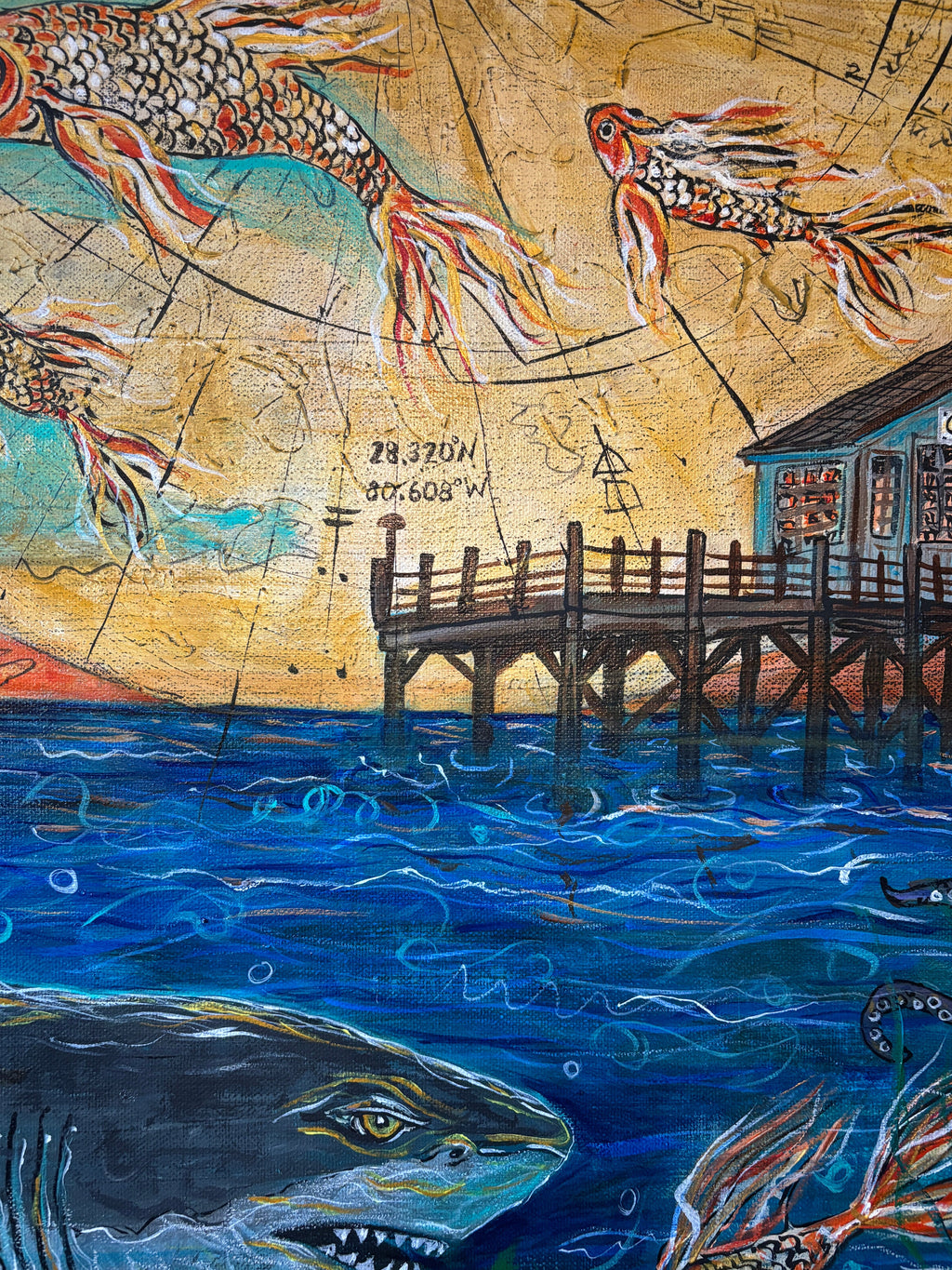 Not All Journeys Seek the Shore print detail, sharks in the water