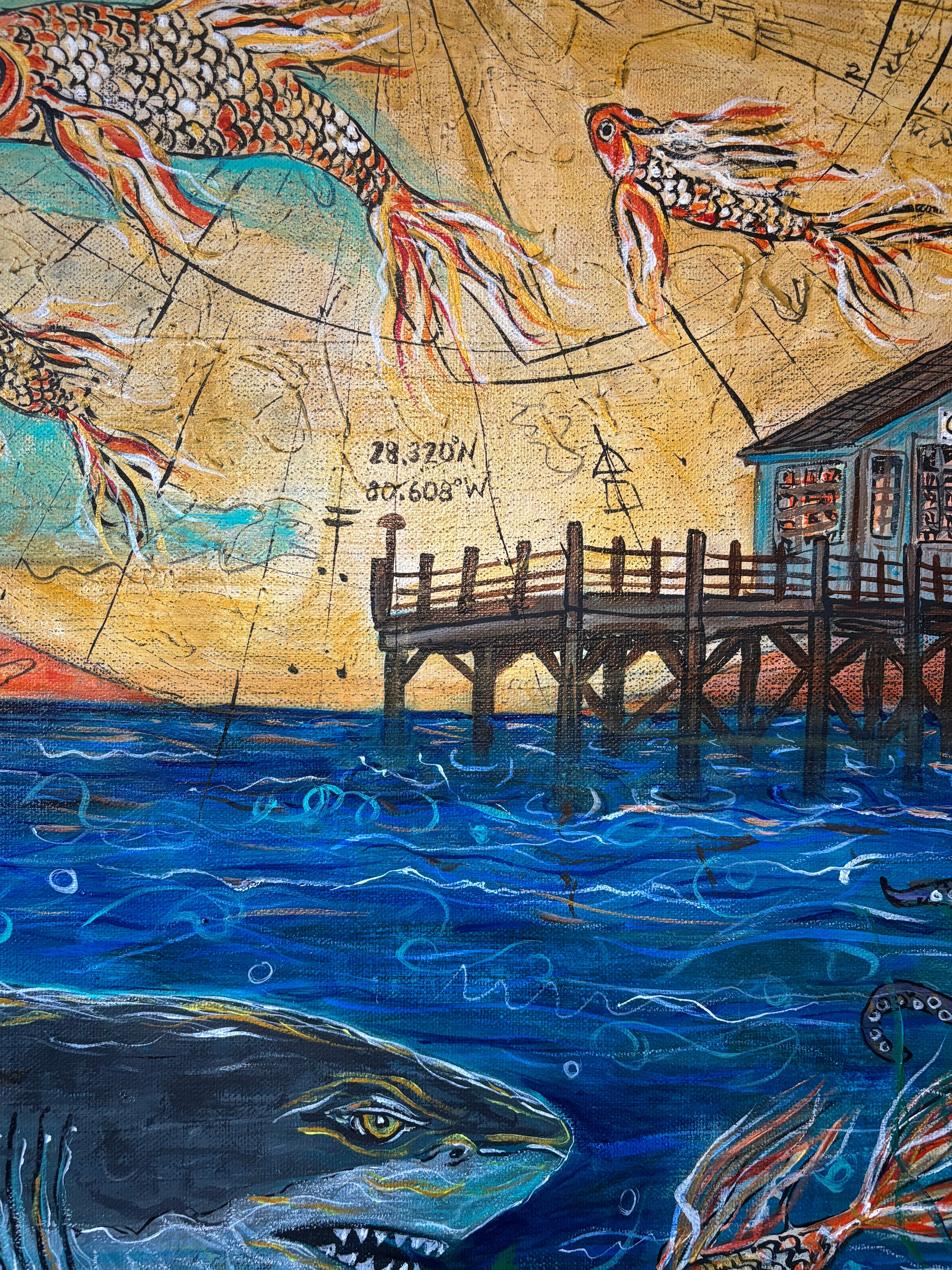 Not All Journeys Seek the Shore print detail, sharks in the water