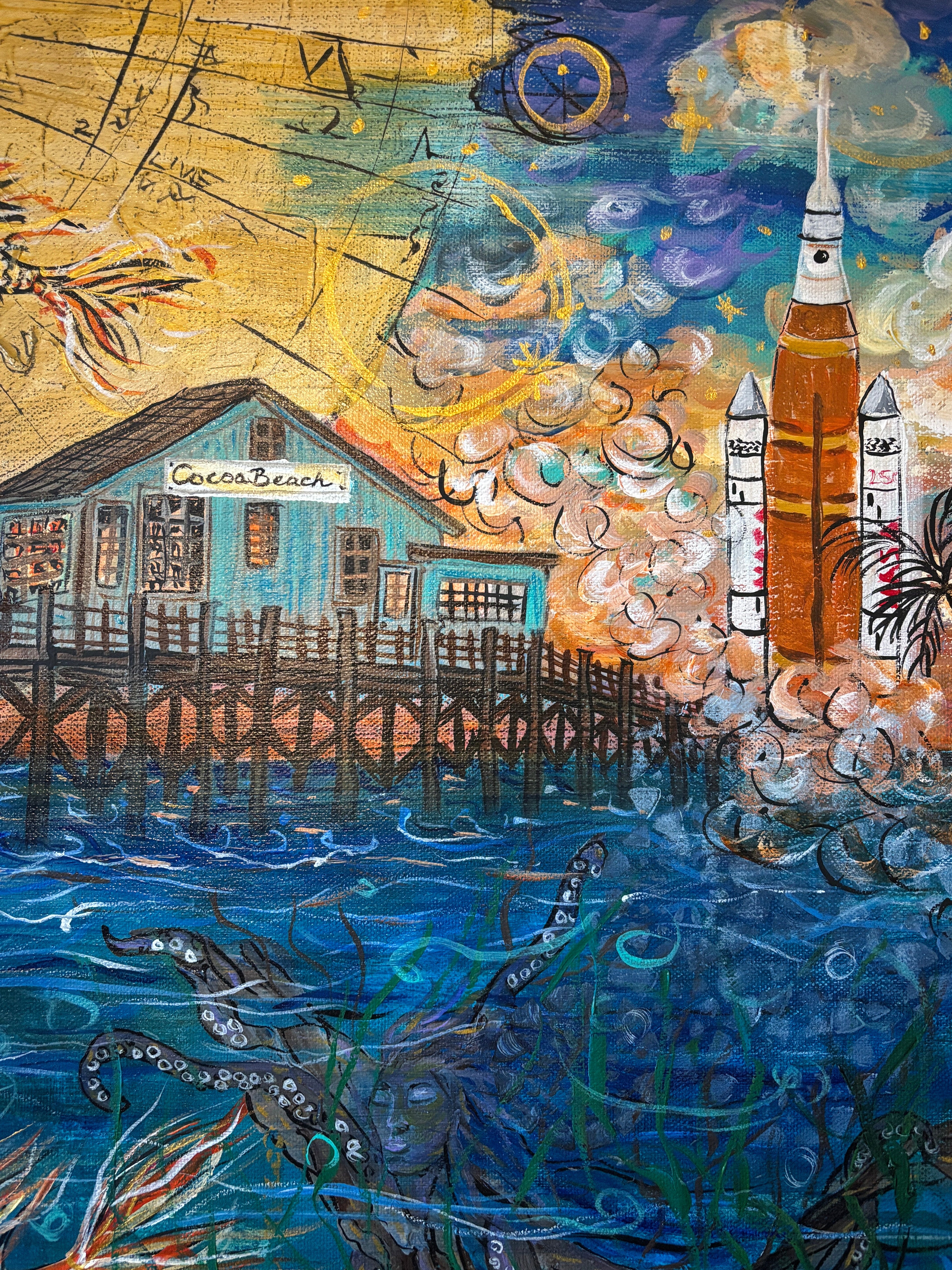 Not All Journeys Seek the Shore print detail, pier and sunset