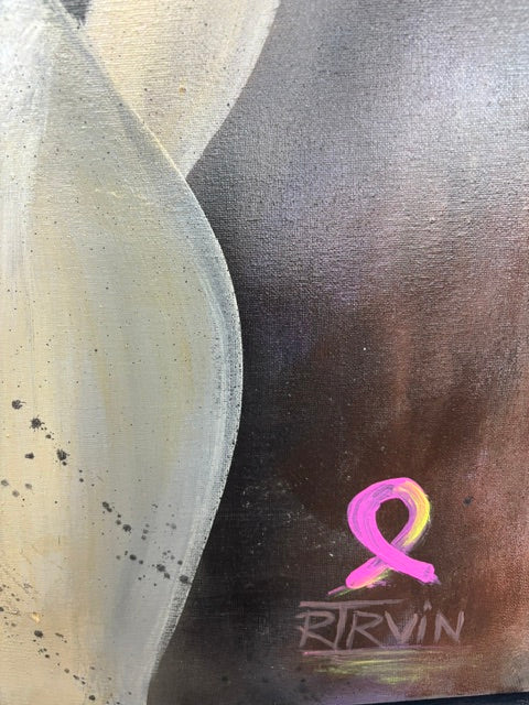 Pink ribbon and Rita Irvin signature detail on Reassembled Women