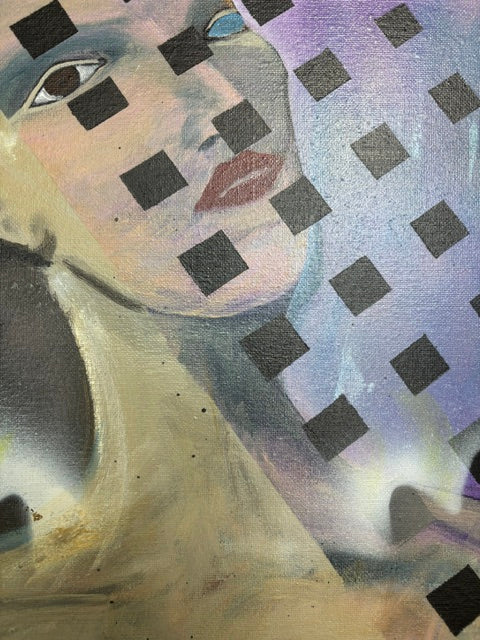 Close-up detail of a female fragmented face and geometric squares in  Reassembled Women