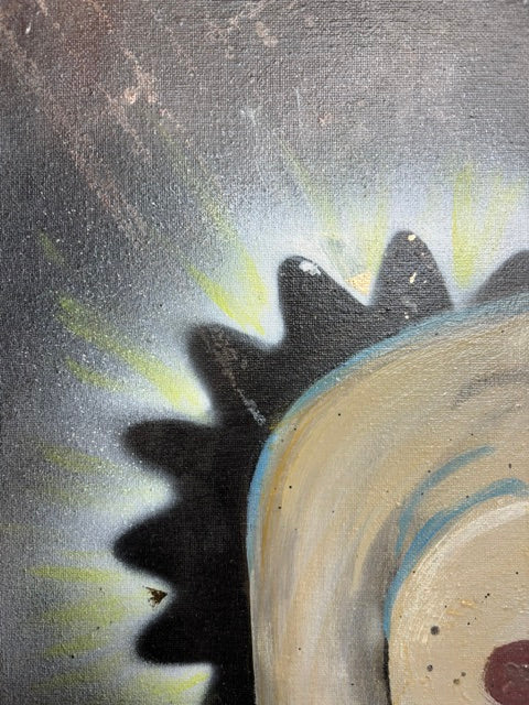 Close-up of layered acrylic and airbrush textures in Reassembled Women