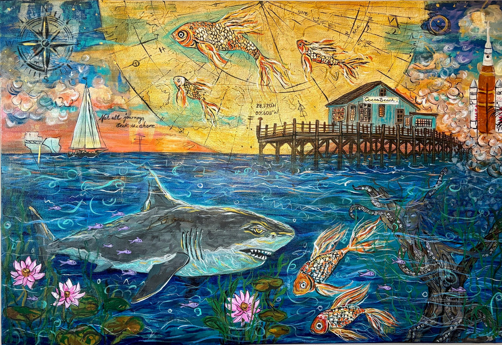 Not All Journeys Seek the Shore, original mixed media painting by Rita Irvin, Cocoa Beach with the Artemis II launch, koi, and sharks