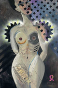 Reassembled Women, an original mixed media painting by Rita Irvin featuring a fragmented female figure, geometric forms, and a pink ribbon