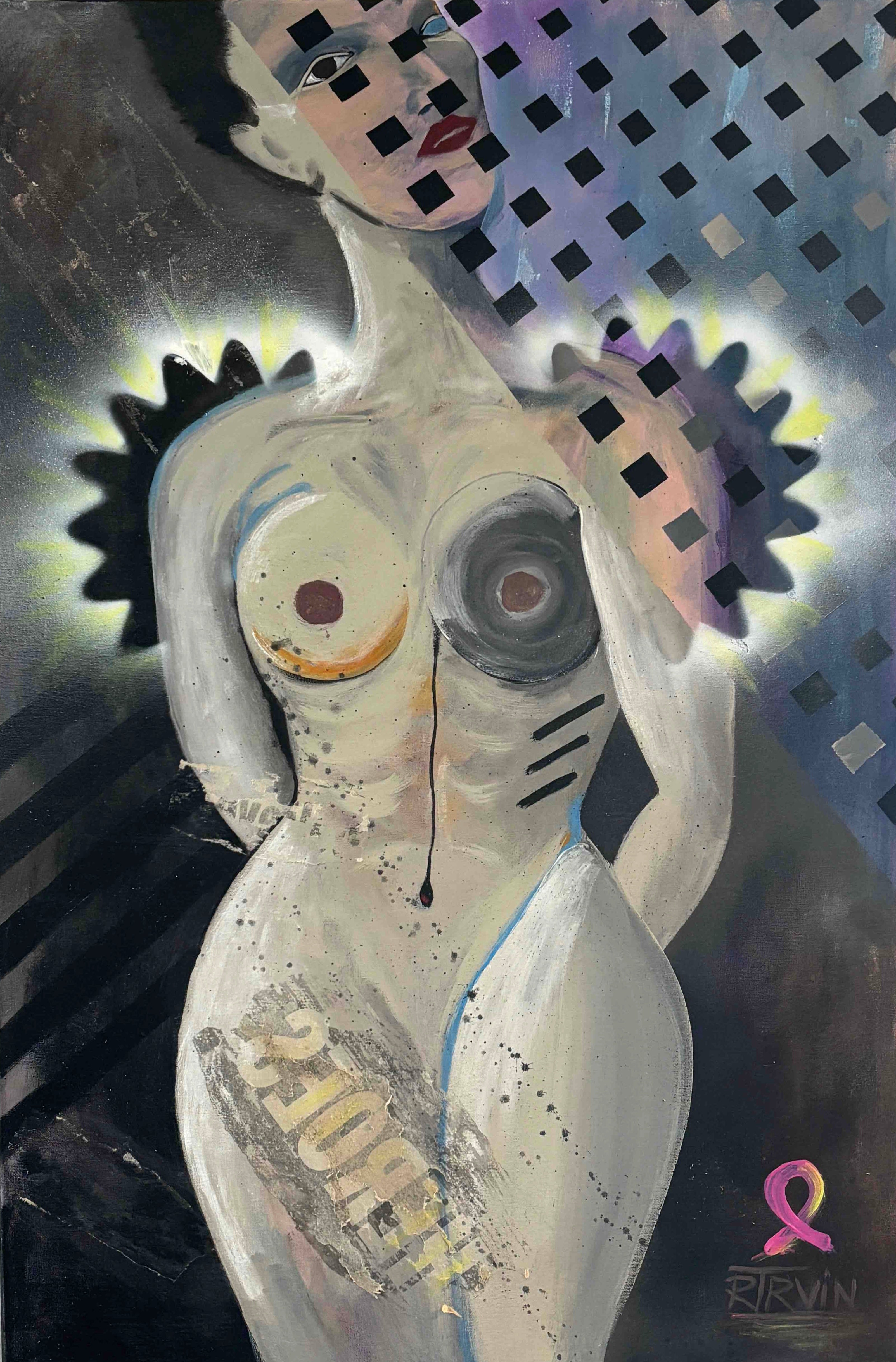 Reassembled Women, an original mixed media painting by Rita Irvin featuring a fragmented female figure, geometric forms, and a pink ribbon