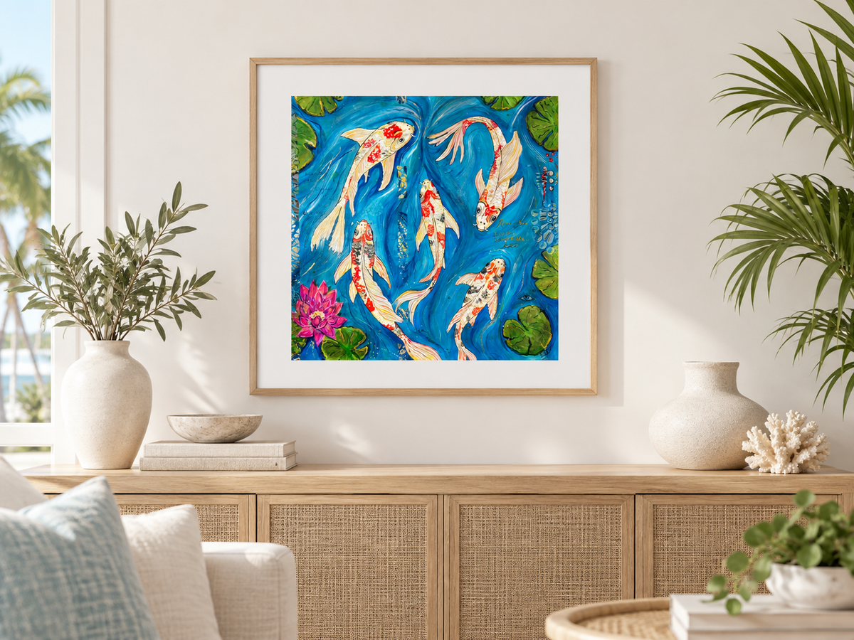 Where Koi Remember signed koi art print by Rita Irvin, framed above a rattan sideboard