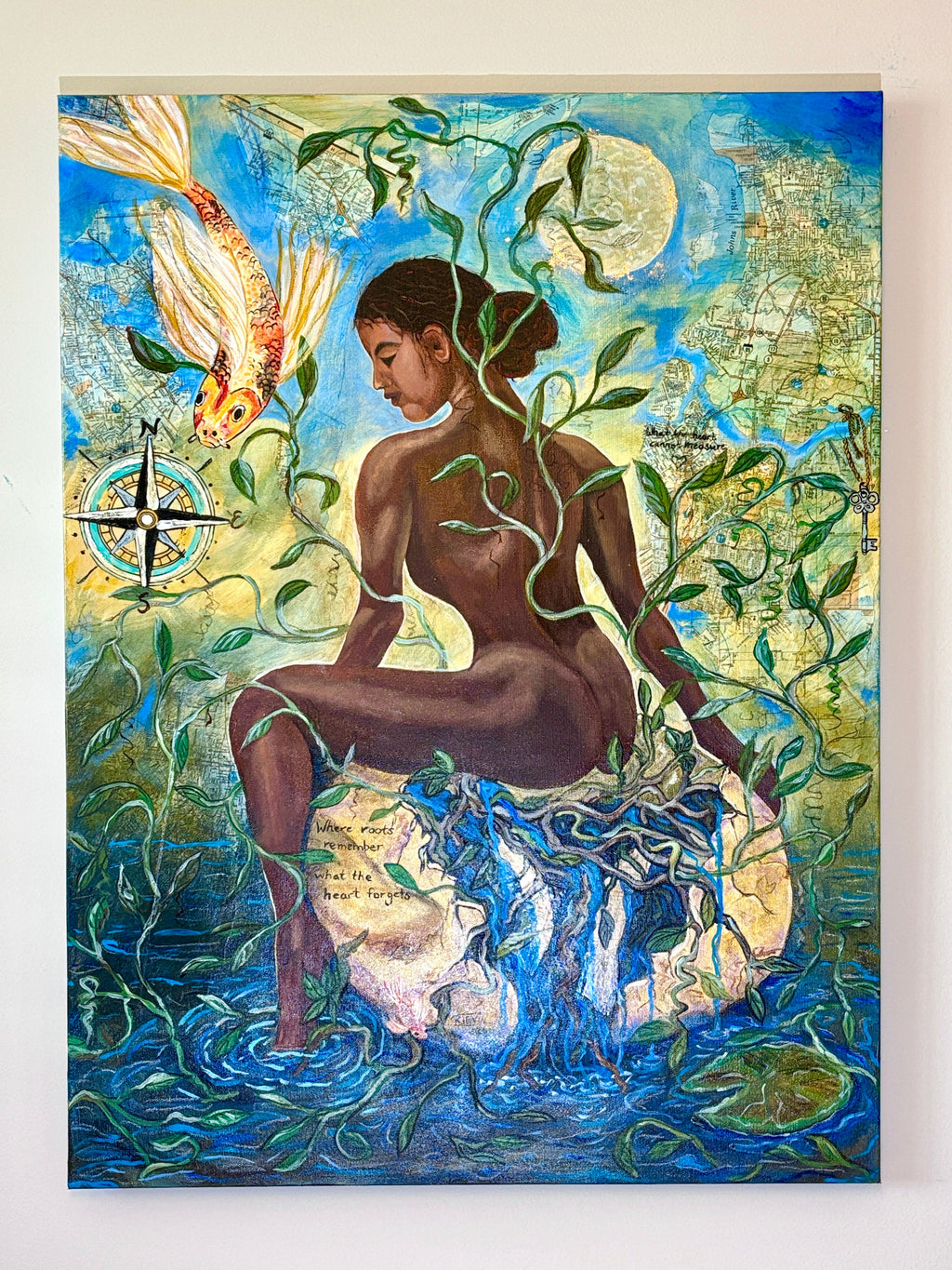 Where Roots Remember — original mixed media painting with maps and koi by Rita Irvin