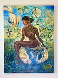 Where Roots Remember — original mixed media painting with maps and koi by Rita Irvin