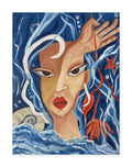 Bloom Beneath the Tide by Rita Irvin, 9 x 12 inch acrylic and oil painting of a woman rising from blue waves holding a red flower