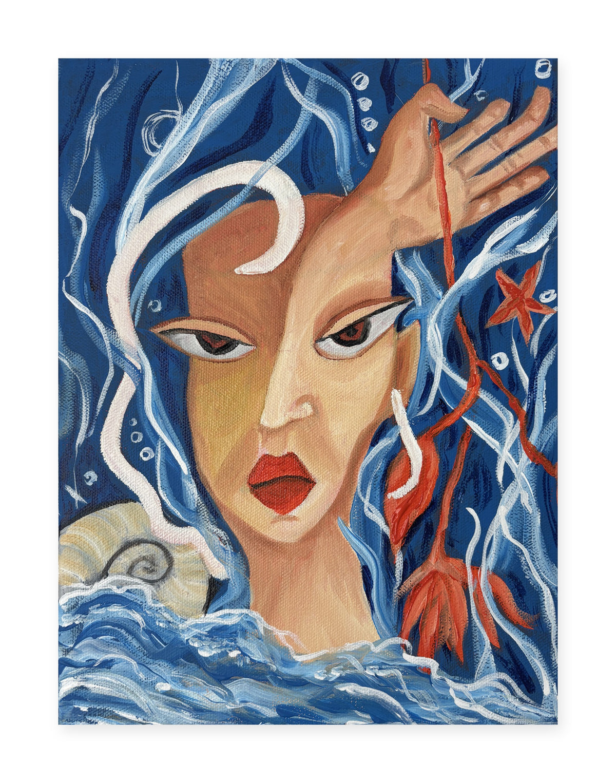 Bloom Beneath the Tide fine art print by Rita Irvin, a woman rising from blue waves holding a red flower