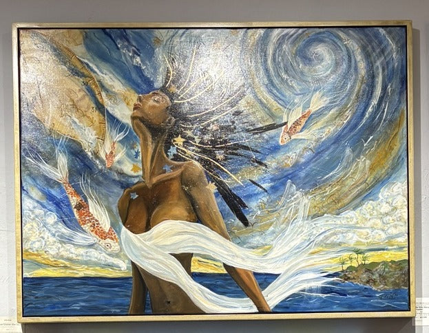 She Who Became the Weather by Rita Irvin in its antique gold painted frame, hanging in a gallery