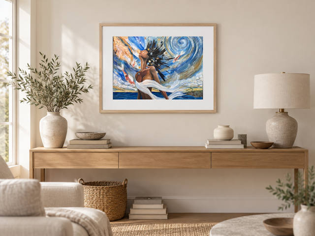 She Who Became the Weather print shown framed above a console table in a living room