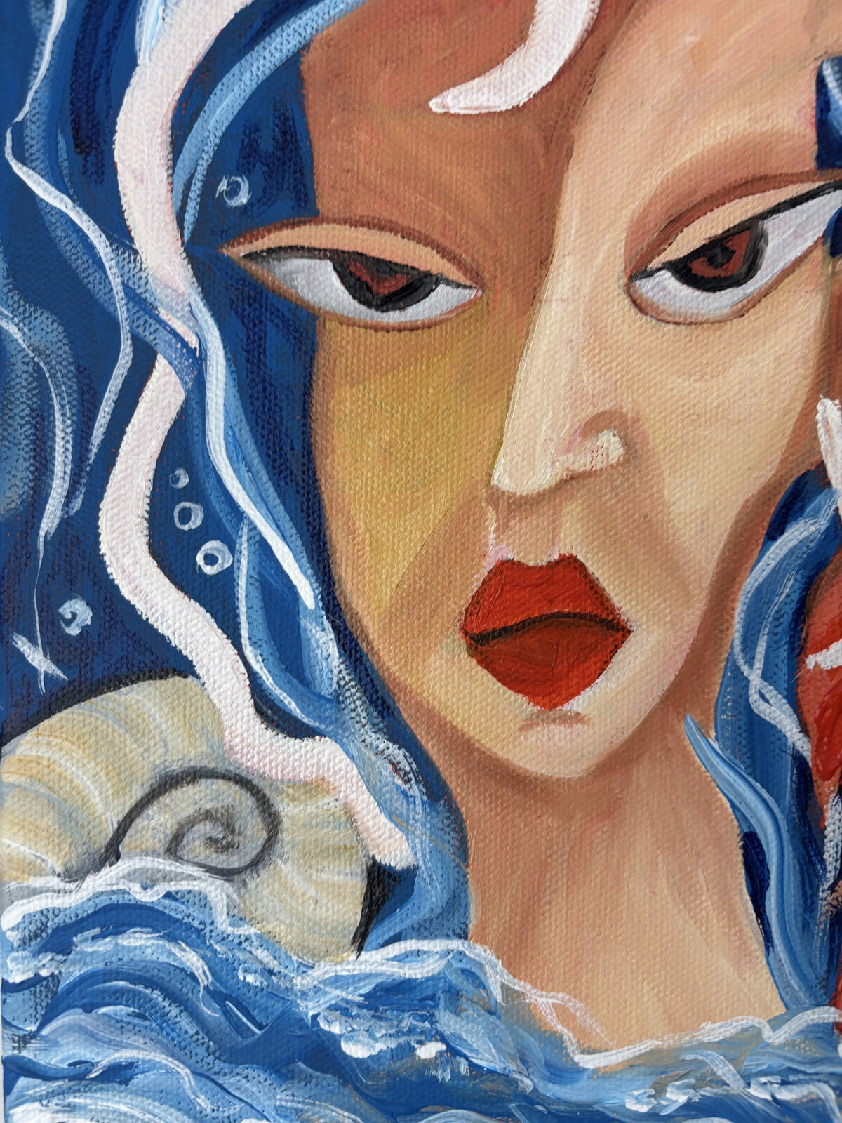 Detail of Bloom Beneath the Tide showing the face, spiral shell and waves